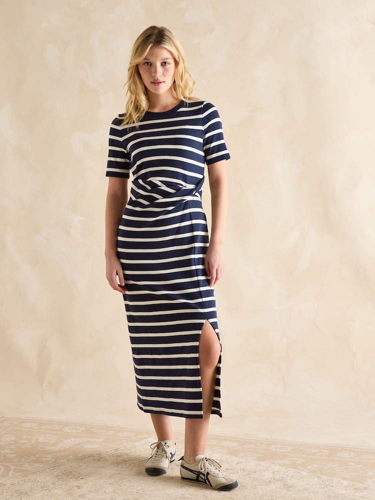 Joules Annabelle Navy/White Twist Jersey T-Shirt Dress - Image 1 of 6