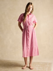 Joules Carrie Red/Pink Stripe Linen & Cotton Shirt Dress - Image 1 of 7