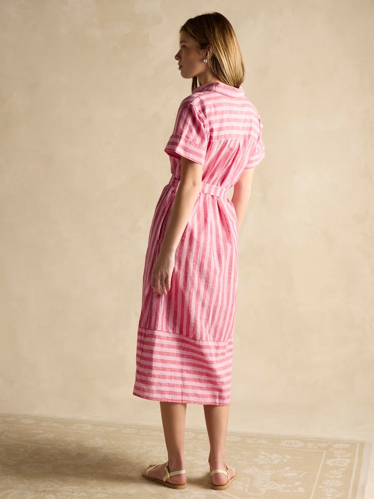 Joules Carrie Red/Pink Stripe Linen & Cotton Shirt Dress - Image 2 of 7