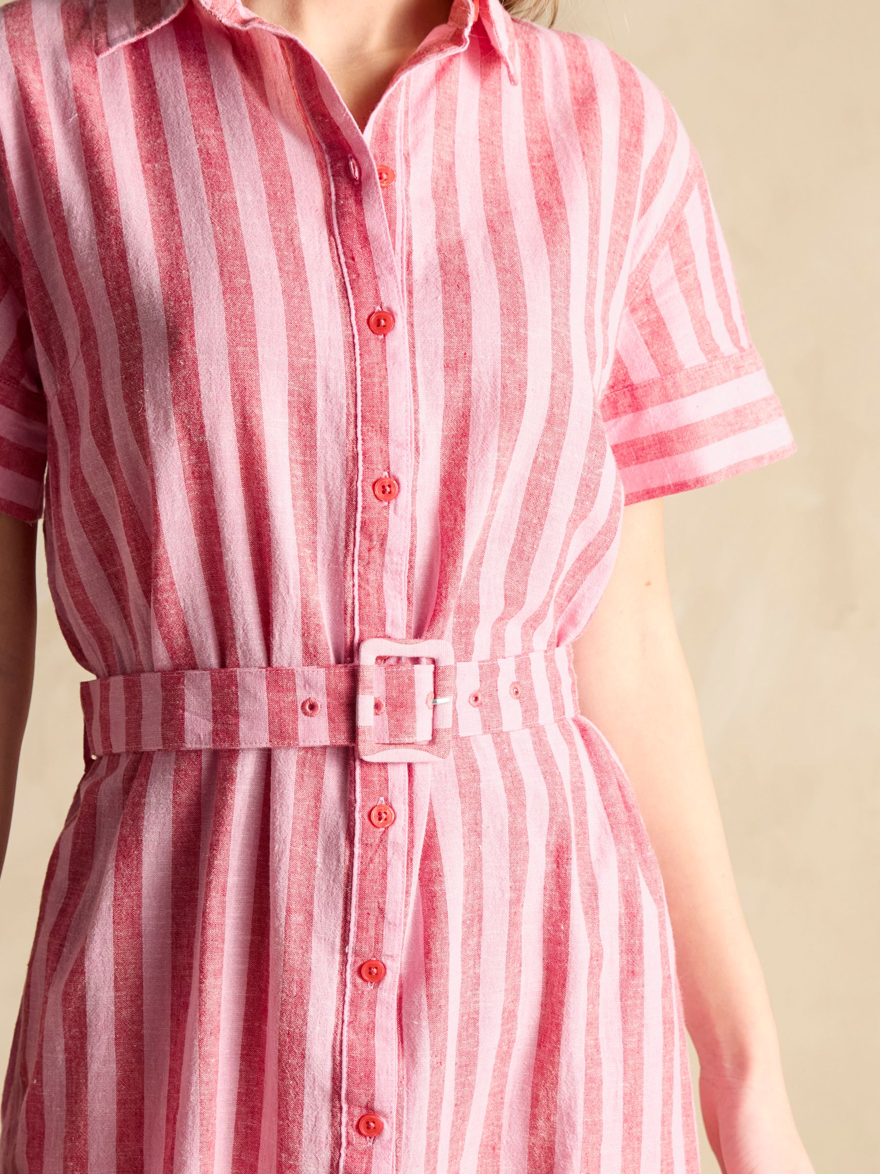 Buy Joules Carrie Red/Pink Stripe Linen & Cotton Belted Shirt