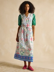 Joules Florence Cream Tile Print Cotton Midi Dress - Image 1 of 7