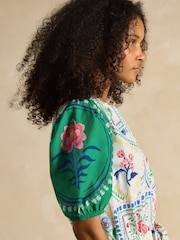 Joules Florence Cream Tile Print Cotton Midi Dress - Image 3 of 7