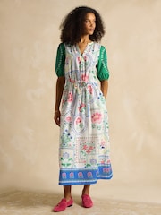 Joules Florence Cream Tile Print Cotton Midi Dress - Image 5 of 7