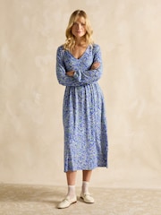 Joules Nia Blue V-Neck Long Sleeve Midaxi Dress - Image 1 of 6