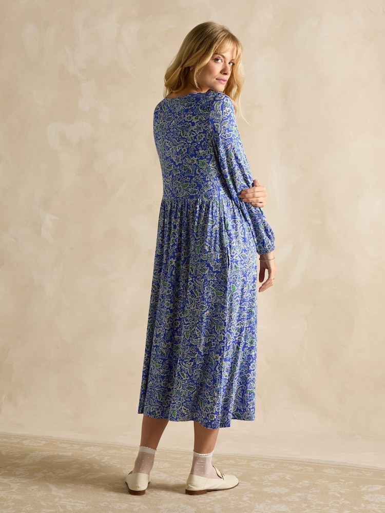 Joules Nia Blue V-Neck Long Sleeve Midaxi Dress - Image 2 of 6