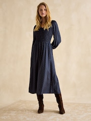 Joules Lilliana Navy Shirred Midi Dress - Image 1 of 6