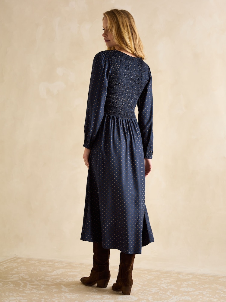 Joules Lilliana Navy Shirred Midi Dress - Image 2 of 6
