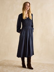 Joules Lilliana Navy Shirred Midi Dress - Image 5 of 6