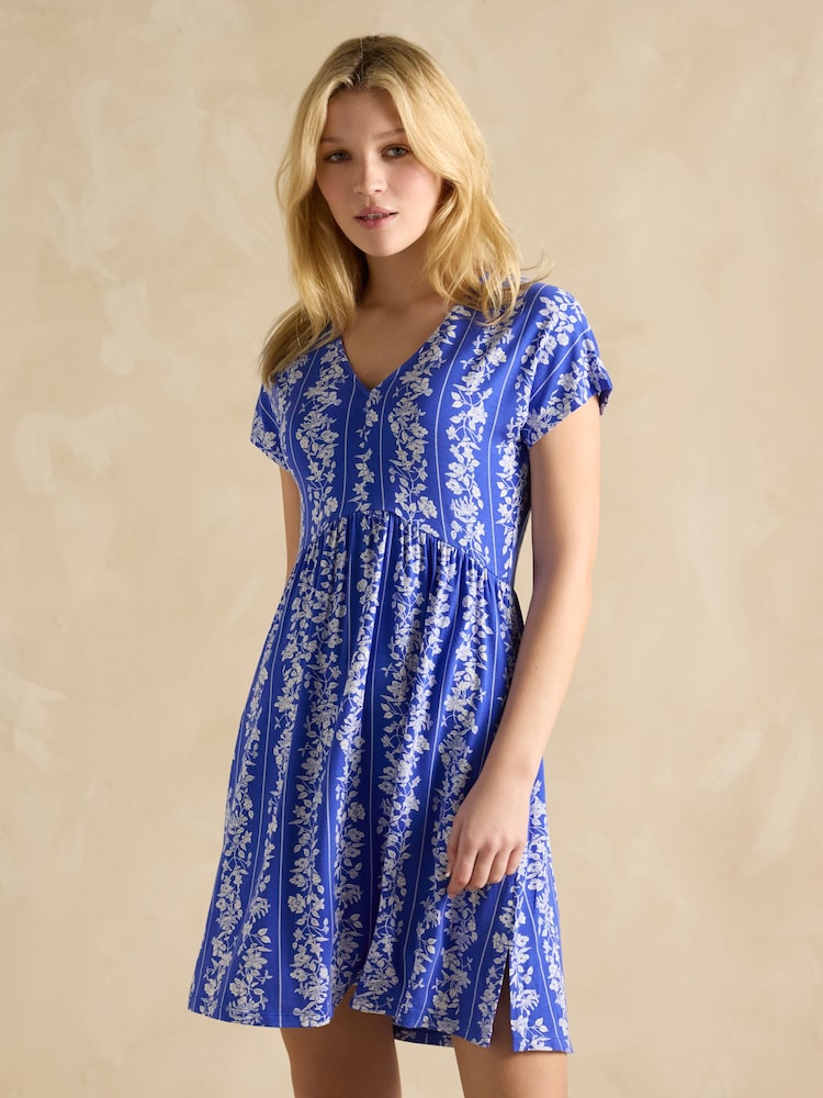 Joules Nia Blue Jersey V-Neck Dress - Image 1 of 7
