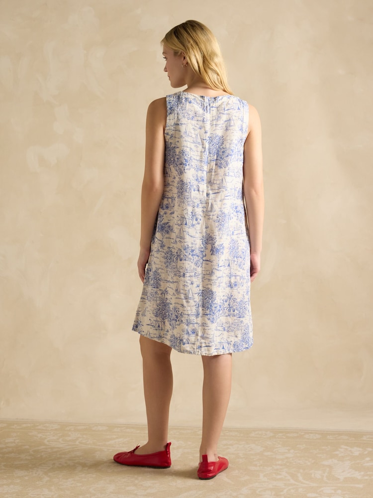 Joules Delphine Blue/White Toile de Jouy Shift Dress With Linen - Image 2 of 6