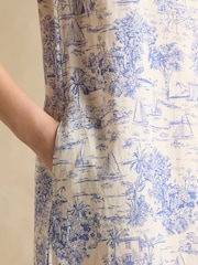 Joules Delphine Blue/White Toile de Jouy Shift Dress With Linen - Image 4 of 6