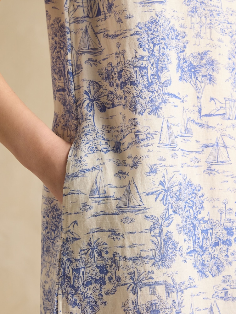 Joules Delphine Blue/White Toile de Jouy Shift Dress With Linen - Image 4 of 6