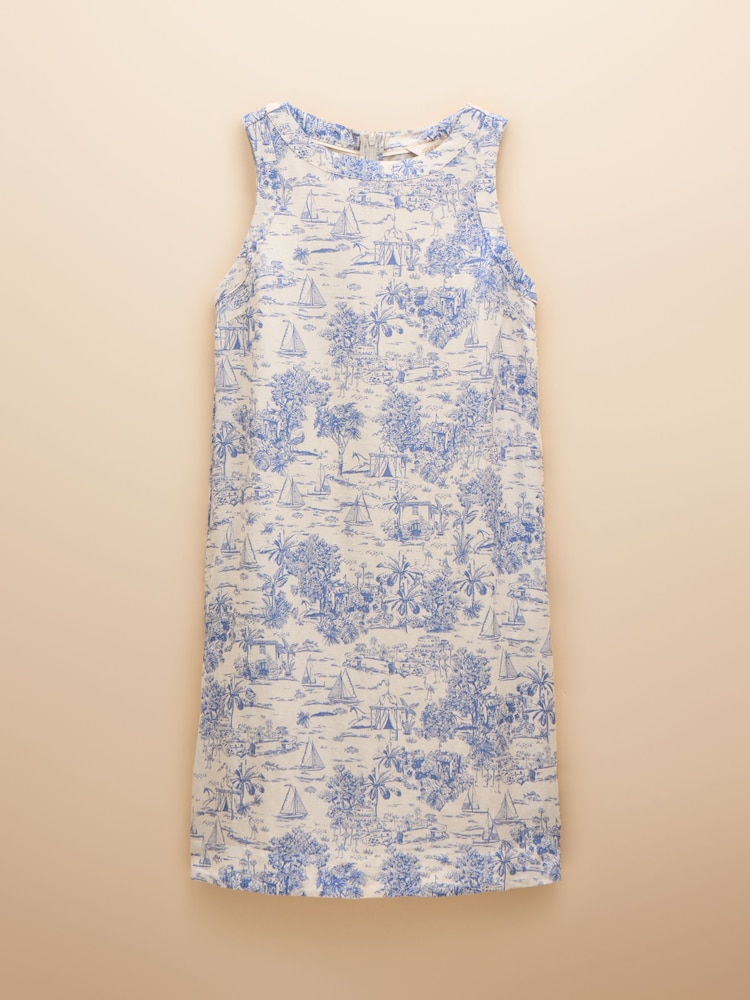 Joules Delphine Blue/White Toile de Jouy Shift Dress With Linen - Image 6 of 6