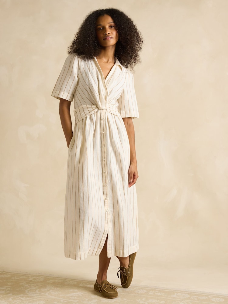 Hellbraun/Weiß - Joules Marina Linen Blend Knot Front Midi Dress - Bild 1 von 6 Hellbraun/Weiß - Joules Marina Linen Blend Knot Front Midi Dress - Bild 1 von 6