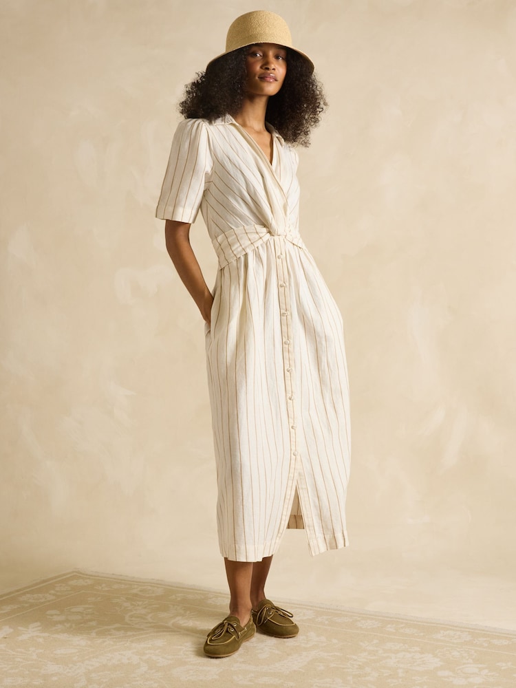 Joules Marina Tan/White Linen Blend Knot Front Midi Dress - Image 4 of 6