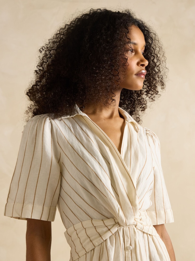 Joules Marina Tan/White Linen Blend Knot Front Midi Dress - Image 5 of 6