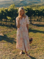 Joules Marina Pink/White Toile de Jouy Linen Blend Knot Front Midi Dress - Image 1 of 10