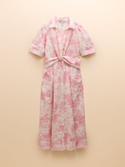 Joules Marina Pink/White Toile de Jouy Linen Blend Knot Front Midi Dress - Image 10 of 10