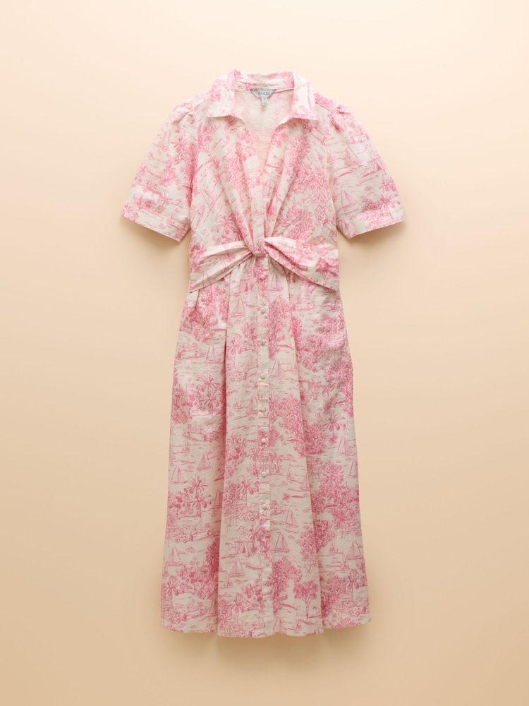 Joules Marina Pink/White Toile de Jouy Linen Blend Knot Front Midi Dress - Image 10 of 10