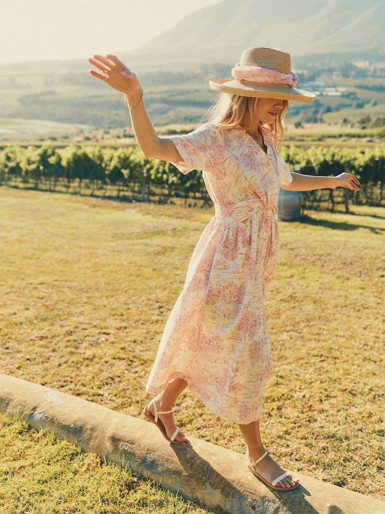 Joules Marina Pink/White Toile de Jouy Linen Blend Knot Front Midi Dress - Image 2 of 10
