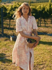 Joules Marina Pink/White Toile de Jouy Linen Blend Knot Front Midi Dress - Image 4 of 10
