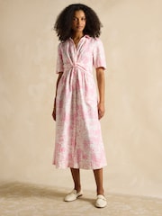 Joules Marina Pink/White Toile de Jouy Linen Blend Knot Front Midi Dress - Image 5 of 10