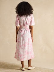 Joules Marina Pink/White Toile de Jouy Linen Blend Knot Front Midi Dress - Image 6 of 10