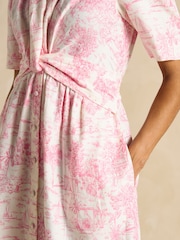 Joules Marina Pink/White Toile de Jouy Linen Blend Knot Front Midi Dress - Image 8 of 10