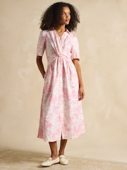Joules Marina Pink/White Toile de Jouy Linen Blend Knot Front Midi Dress - Image 9 of 10