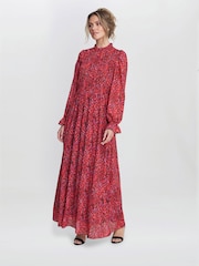 Gina Bacconi Rotes Thea Sheered Langarmkleid - Bild 3 von 6
