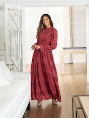 Gina Bacconi Rotes Thea Sheered Langarmkleid - Bild 5 von 6