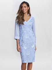 Gina Bacconi Blue Daisy Crepe Dress With Embroidery - Image 1 of 6