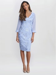 Gina Bacconi Blue Daisy Crepe Dress With Embroidery - Image 3 of 6