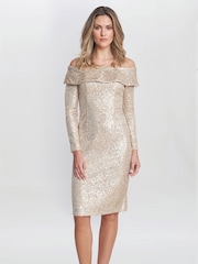 Gina Bacconi Natural Anthea Off The Shoulder Sequin Dress - Image 1 of 5