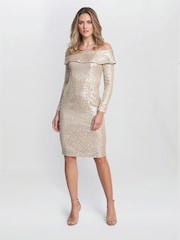 Gina Bacconi Natural Anthea Off The Shoulder Sequin Dress - Image 3 of 5