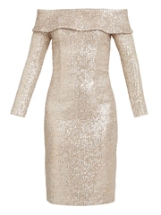 Gina Bacconi Natural Anthea Off The Shoulder Sequin Dress - Image 5 of 5
