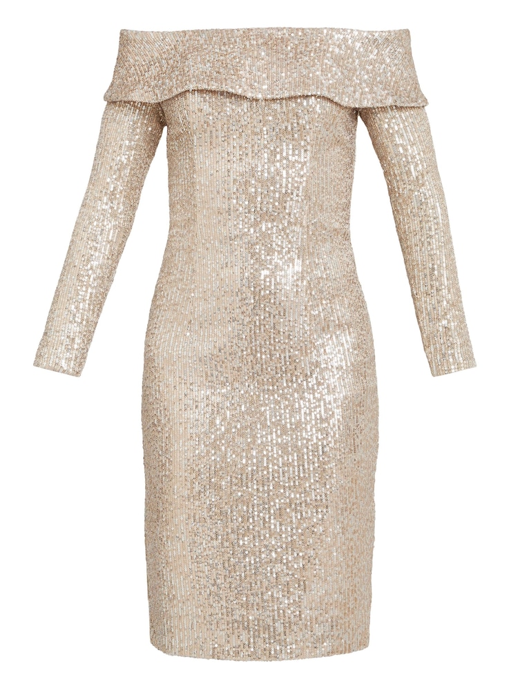 Gina Bacconi Natural Anthea Off The Shoulder Sequin Dress - Image 5 of 5