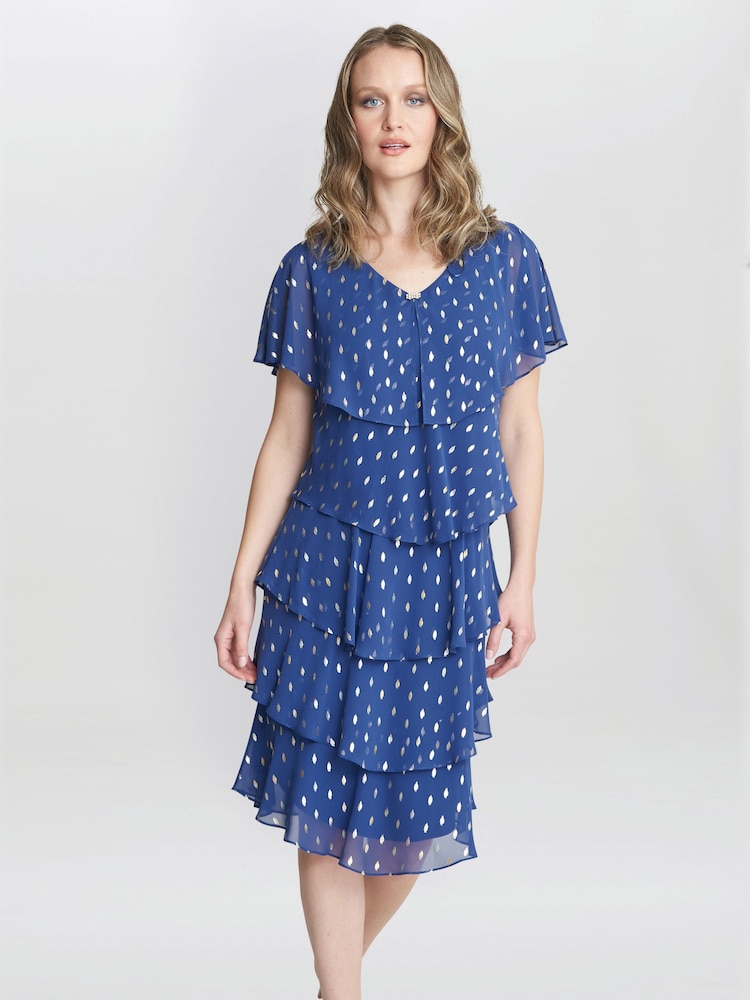 Gina Bacconi Blue Juliette Foil Print Tier Dress - Image 1 of 4