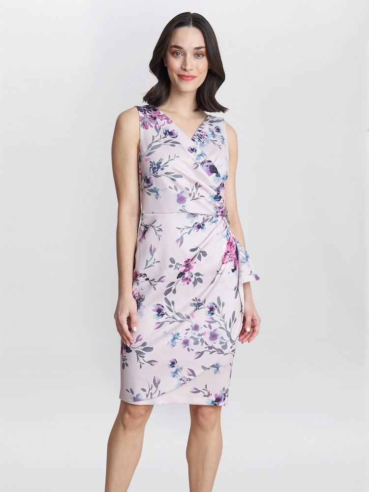 Gina Bacconi Pink Evelina Petite Printed Dress With Hip Detail - Image 1 of 5