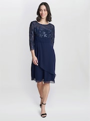 Gina Bacconi Thandie Petite Blue Embroidered Bodice Dress With Pleated Waist - Image 2 of 5