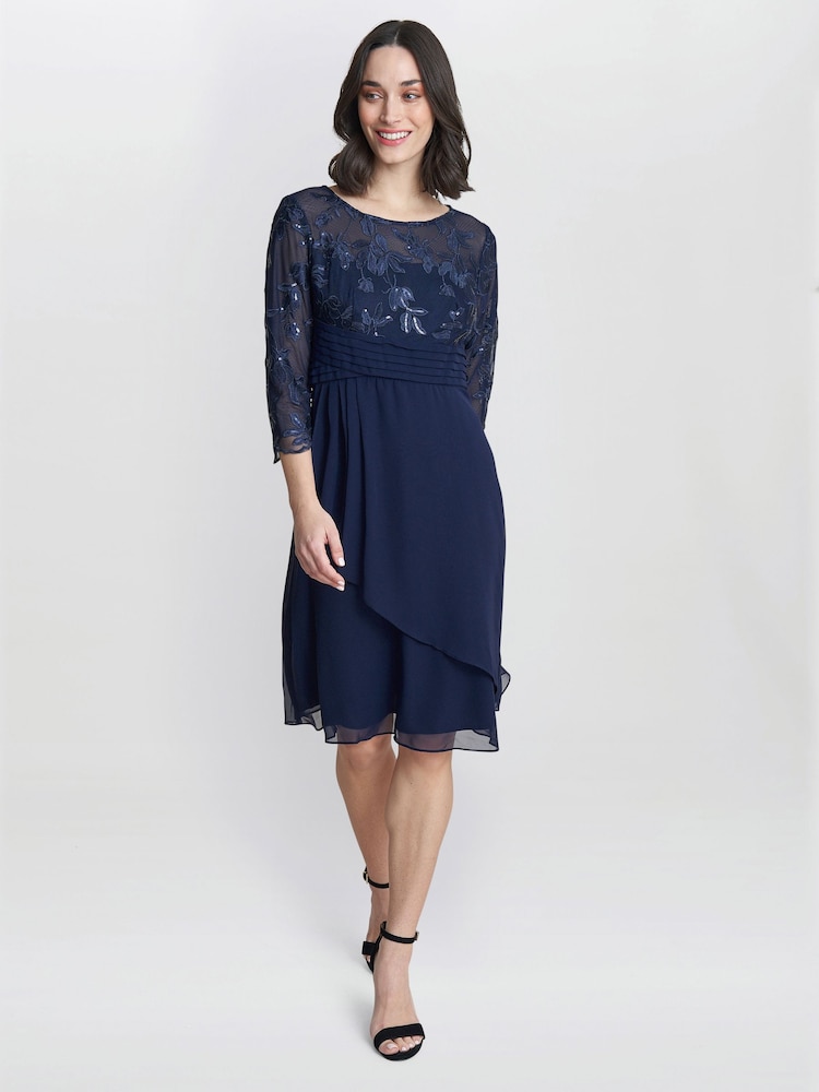 Gina Bacconi Thandie Petite Blue Embroidered Bodice Dress With Pleated Waist - Image 2 of 5