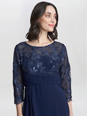 Gina Bacconi Thandie Petite Blue Embroidered Bodice Dress With Pleated Waist - Image 3 of 5