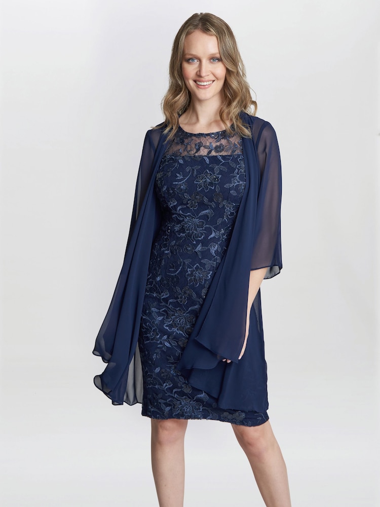 Gina Bacconi Blue Marla Petite Embroidered Dress With Matching Chiffon Dress - Image 2 of 5