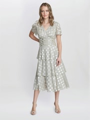 Gina Bacconi Gold Cassie Polka Dot Midi Tier Dress - Image 1 of 5