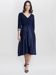 Gina Bacconi Blue Doris Petite Midi High Low Dress With Tie Belt - Image 1 of 5