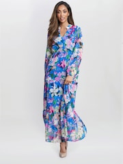 Gina Bacconi Blue Iona Print Stand Collar Dress - صورة 1 من 5