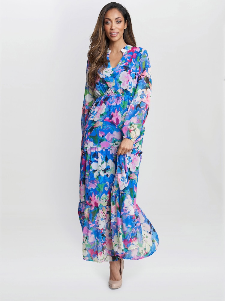 Gina Bacconi Blue Iona Print Stand Collar Dress - صورة 1 من 5