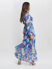 Gina Bacconi Blue Iona Print Stand Collar Dress - صورة 2 من 5