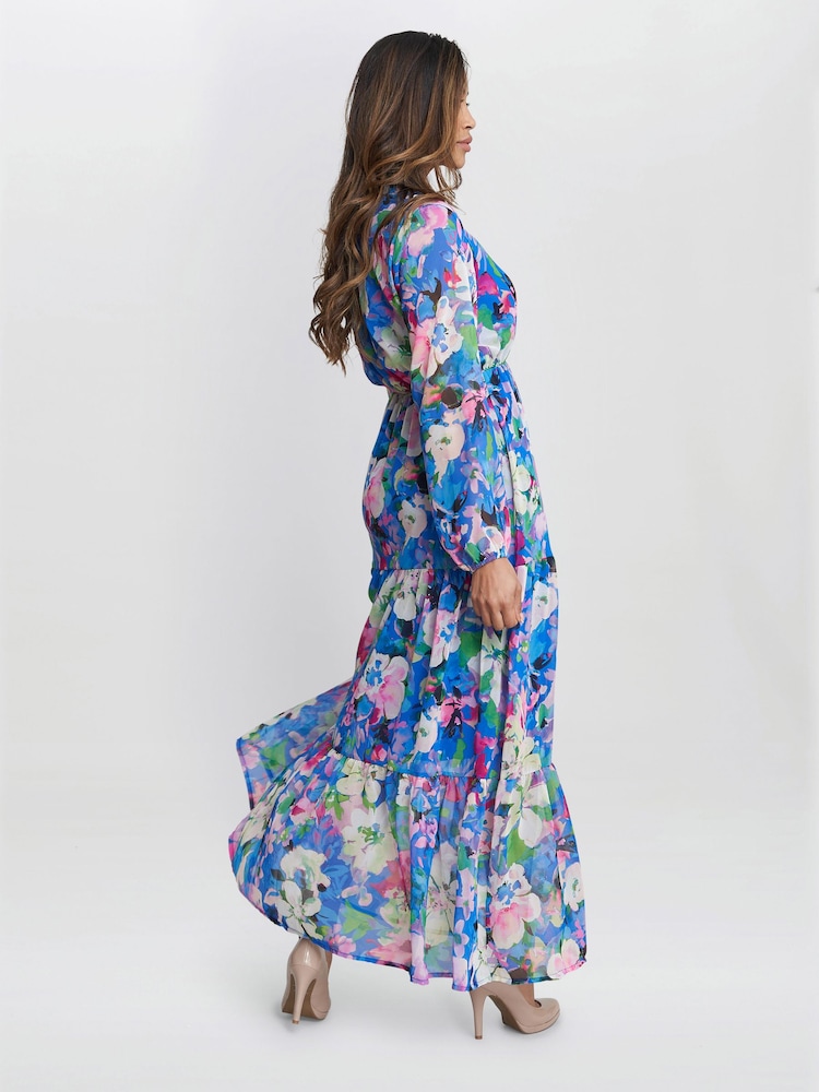 Gina Bacconi Blue Iona Print Stand Collar Dress - صورة 2 من 5