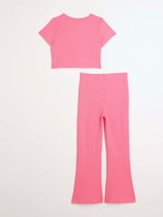 River Island Pink Girls Textured 100% Cottton T-Shirt and Kickflare Trousers Set - Image 1 of 3